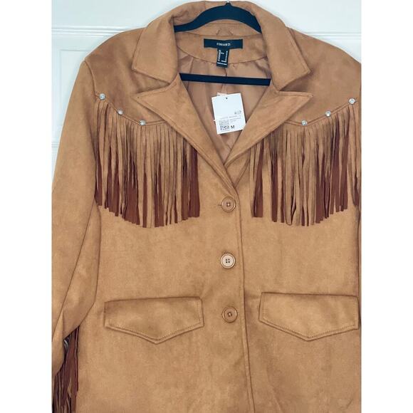 Forever 21 Rhinestone Fringe Faux Suede Blazer Pine Bark Size:M Women’s Western - Picture 3 of 6